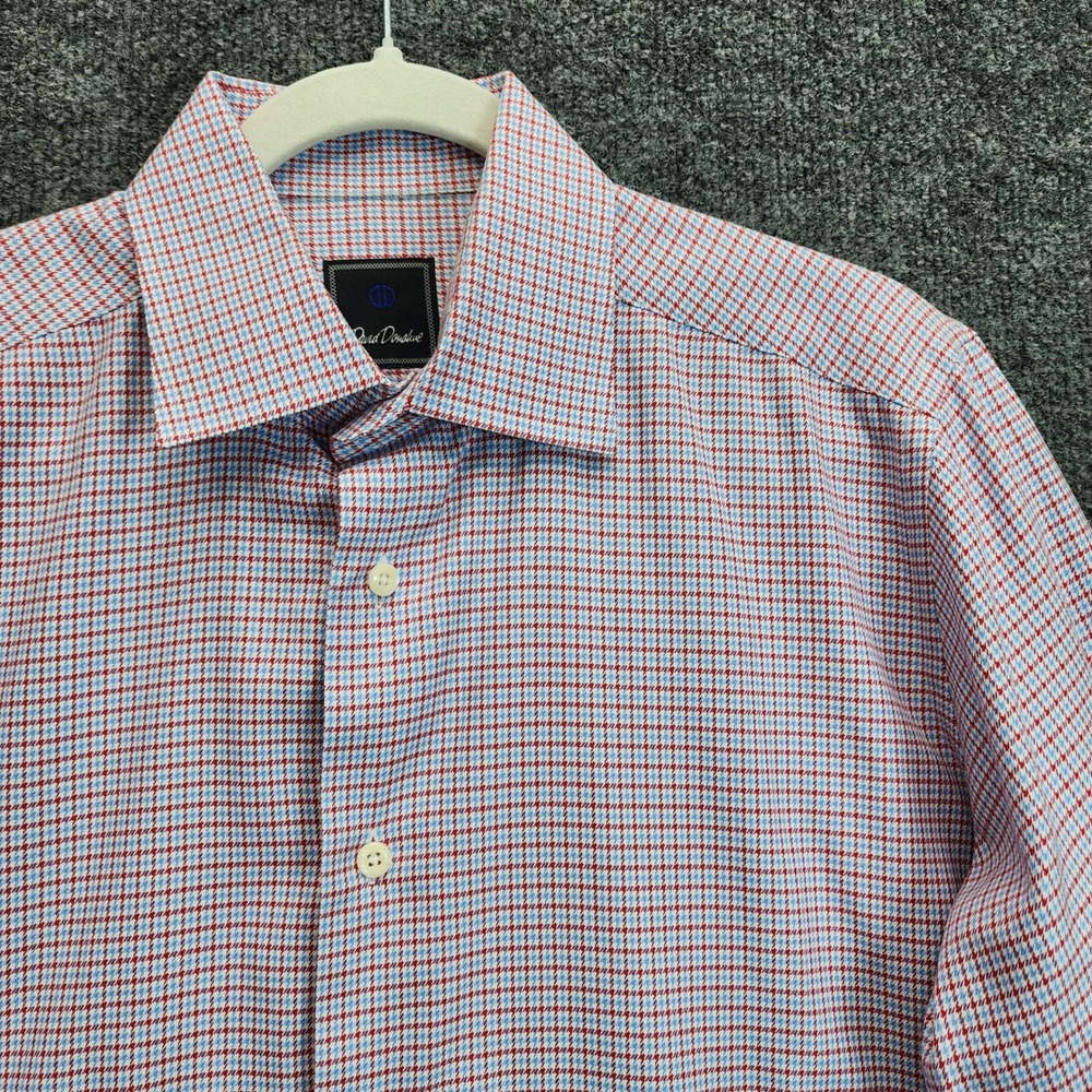 David Donahue Mens Blue Red Plaid Cotton Dress Shirt 16 34/35 Trim Fit Preppy